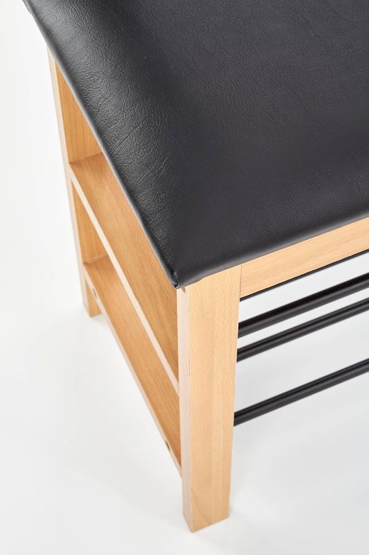 Botník s lavicou natural-čierny – masívne drevo, oceľové police