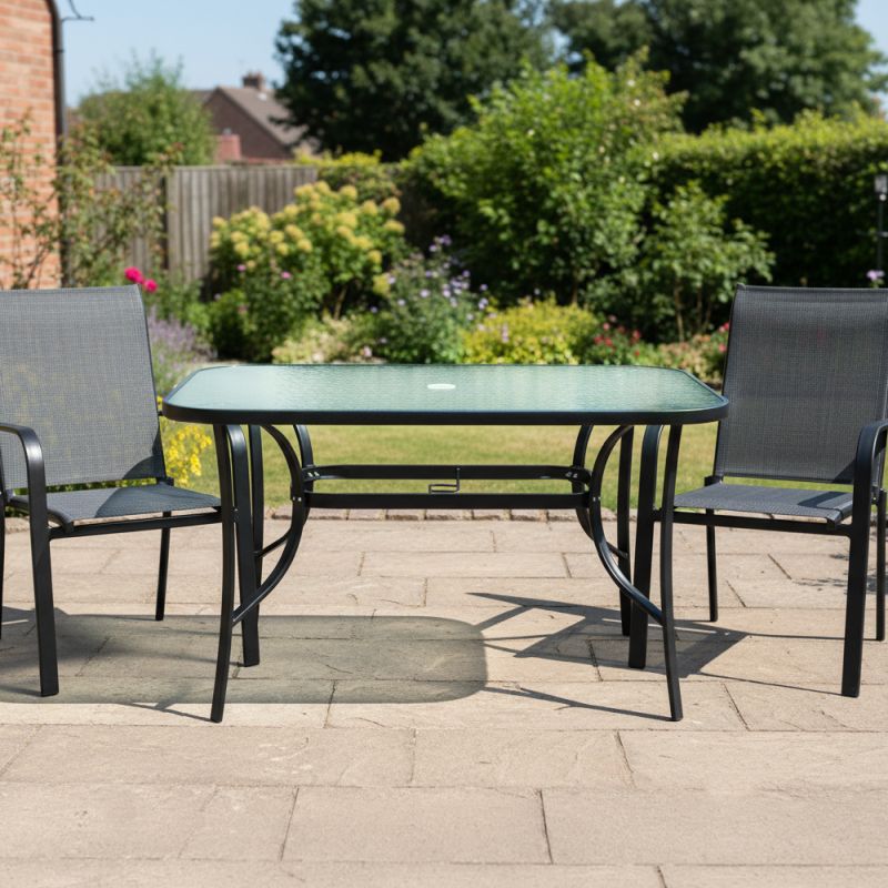 Záhradný jedálenský stôl, tvrdené sklo, oceľ