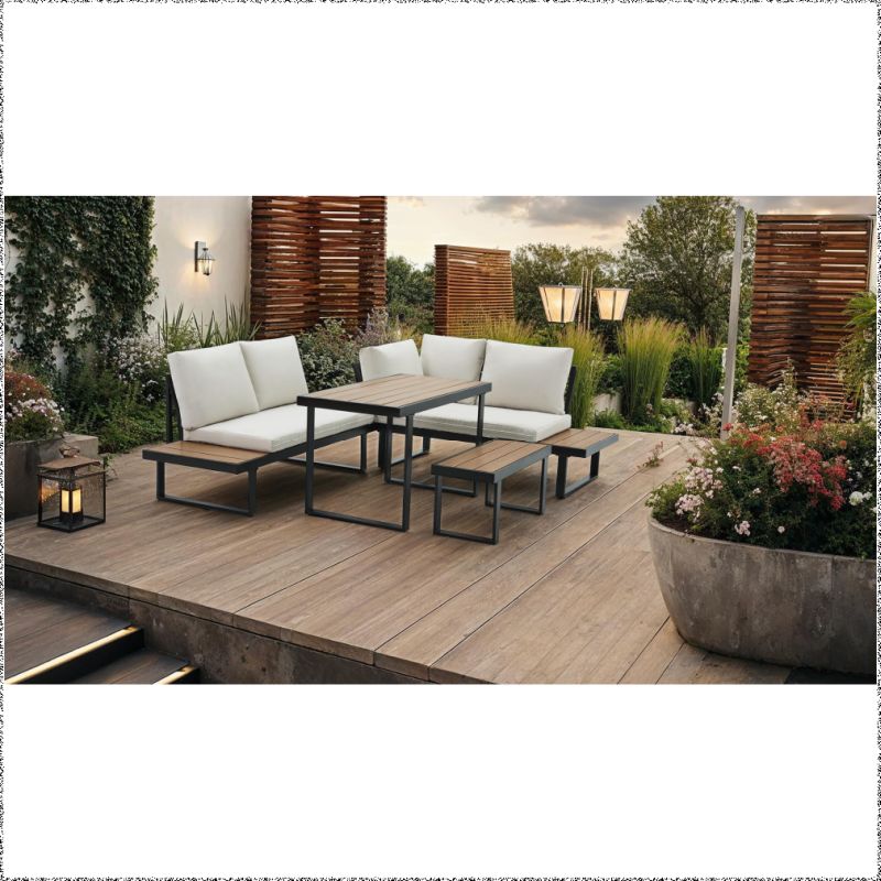 Záhradný set, čierny s krémovými vankúšmi a dubovým polywoodom