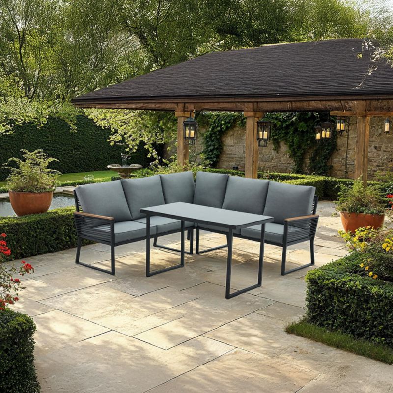 Záhradný set, čierny, sivý, s akáciovým drevom a skleneným stolom