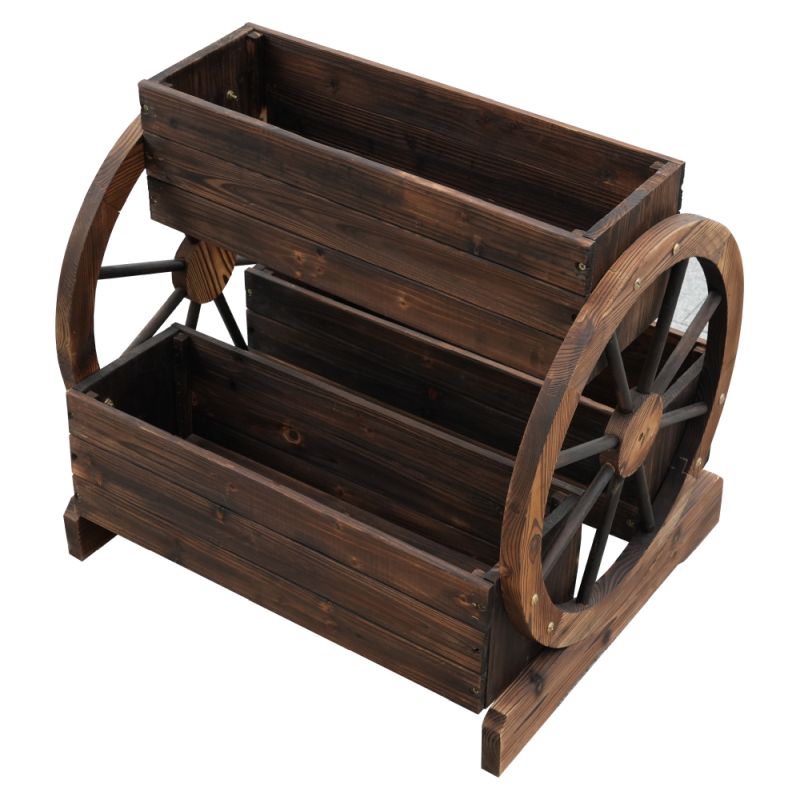 Drevený kvetináč z masívu, hnedý, v štýle vidieckeho voza