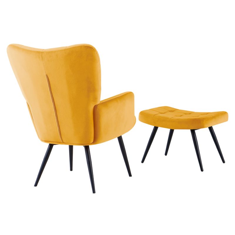 Kreslo s podnožou, žltá látka, čierne kovové nohy
