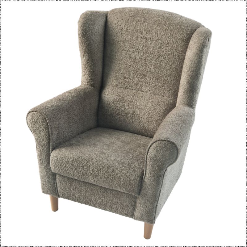 Dizajnové kreslo ušiak, sivobéžová Taupe Bouclé, drevené nohy