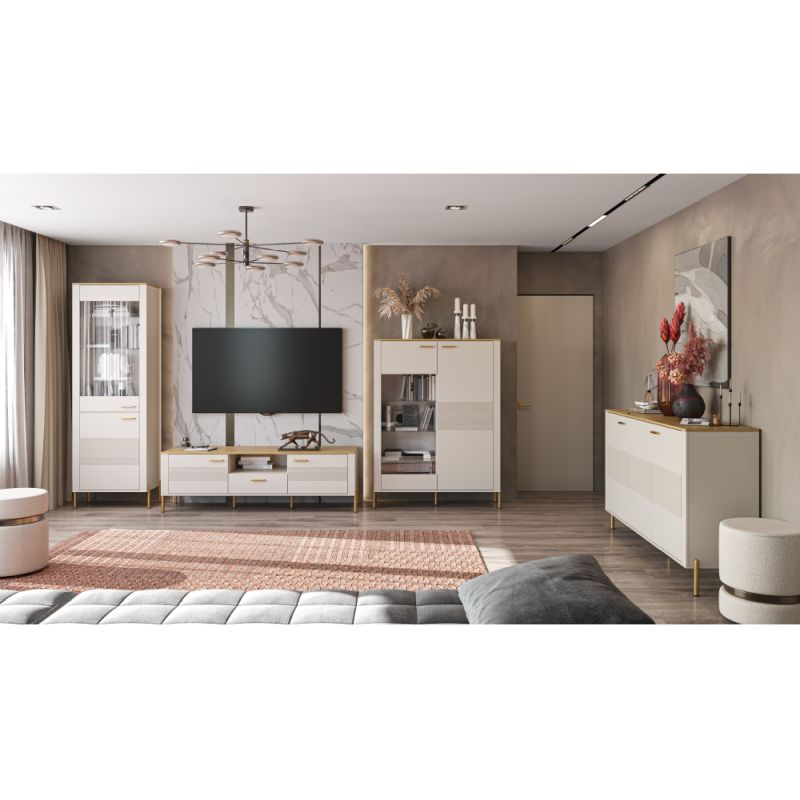 Elegantná nízka vitrína, 1D1W, kašmír, dub kamenný, zlatá