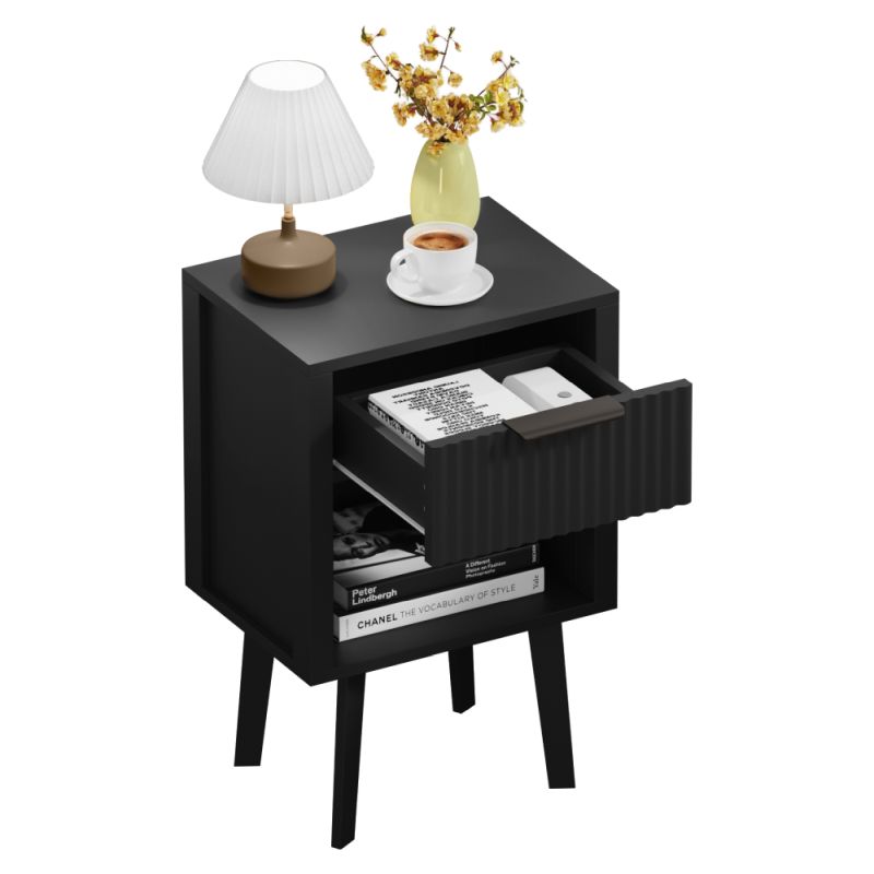 Moderný nočný stolík čierny, so zásuvkou a poličkou