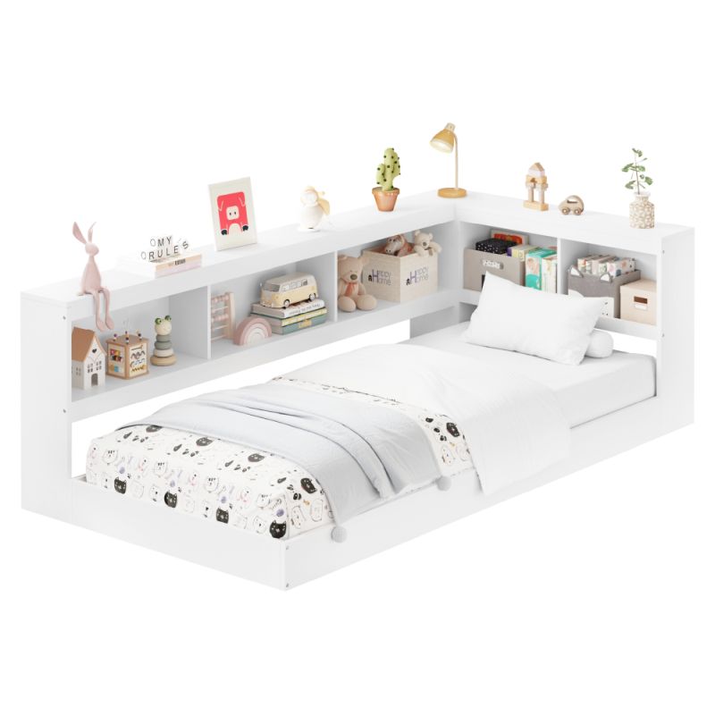 Posteľ 90x200, s roštom a regálom, biela, borovicové drevo