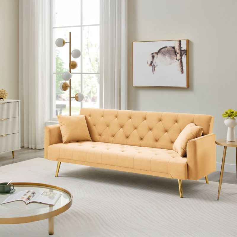 Luxusná rozkladacia pohovka, horčicová látka s gold chróm nožičkami