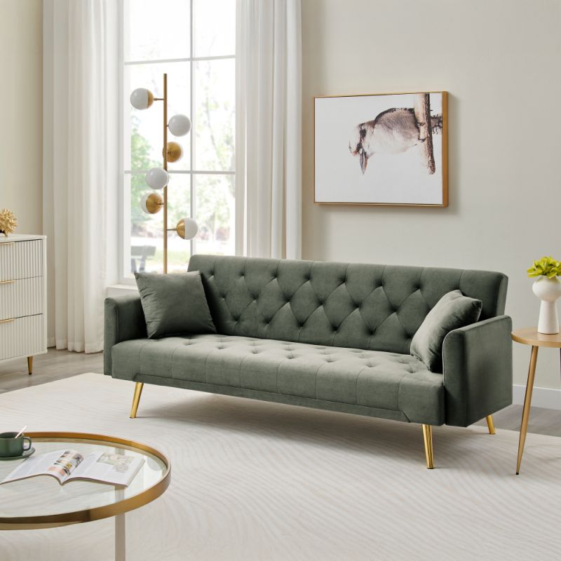 Luxusná rozkladacia pohovka, tmavo zelená látka s gold chróm nožičkami