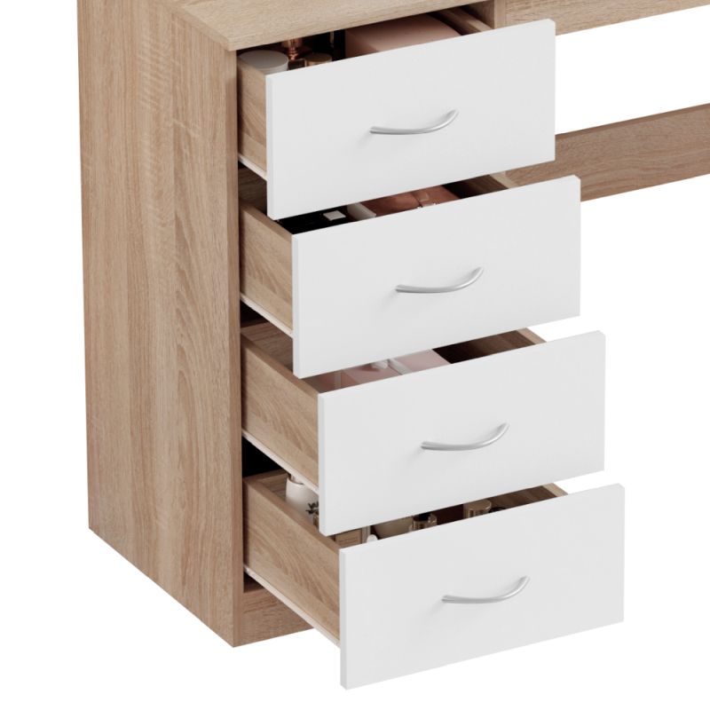 Toaletný stolík, biely, dub sonoma, so zrkadlom a zásuvkami