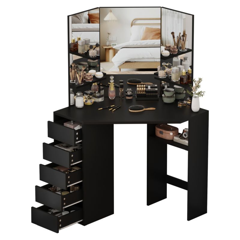 Rohový toaletný stolík, čierny, trojdielne zrkadlo