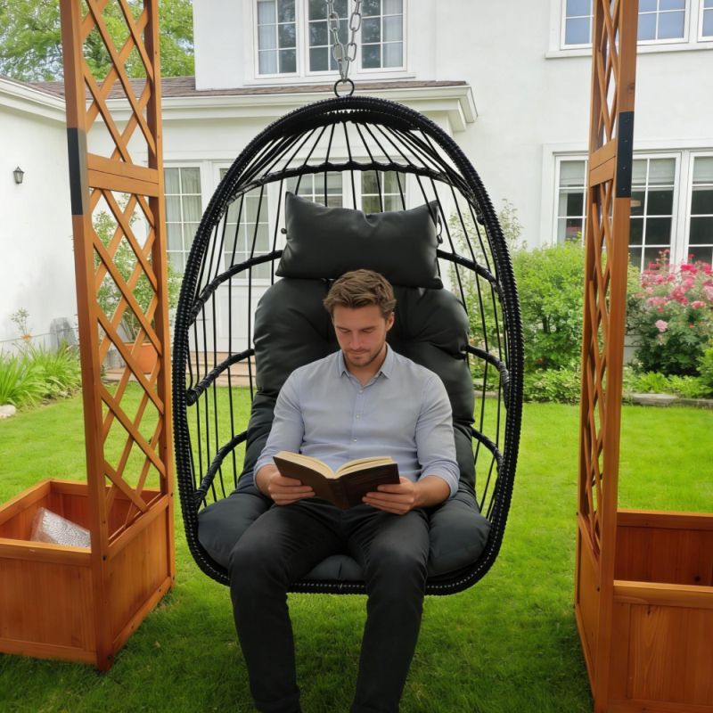 Závesné kreslo, skladacie, čierne, s vankúšom