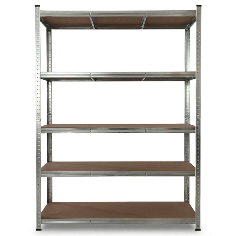 Regál kovový, 120cm, strieborný, s MDF policami, 5 úrovní