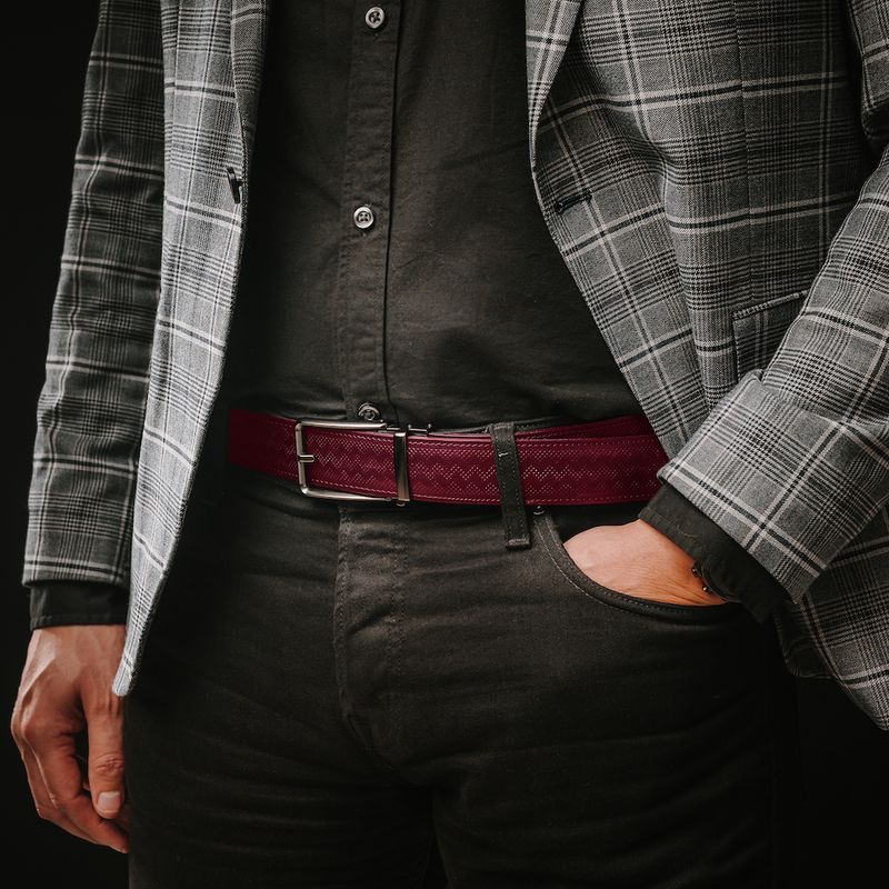 Kožený opasok s dekorom a automatickou prackou – BLACK CLOSE, limitovaná edícia, bordový