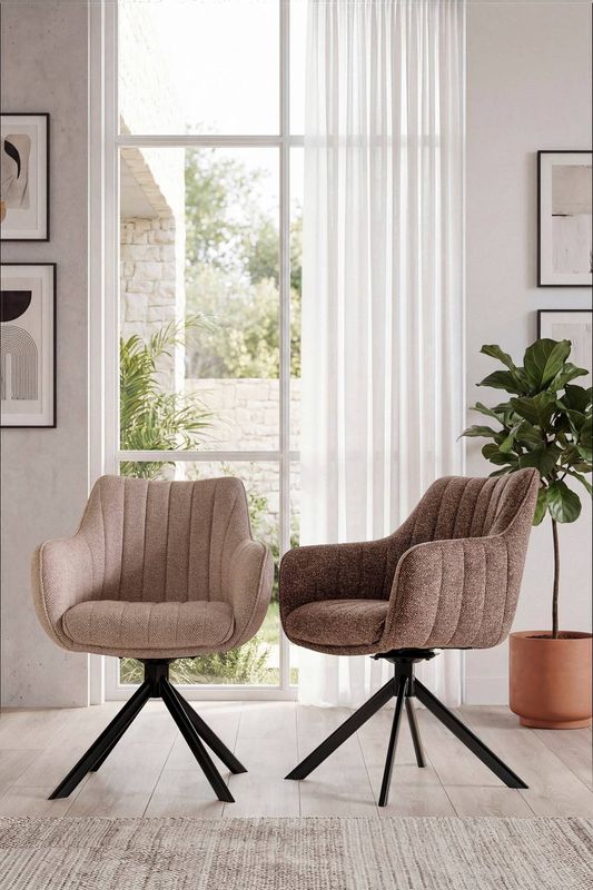 Otočná jedálenská stolička s lakťovými opierkami, svetlá béžová látka