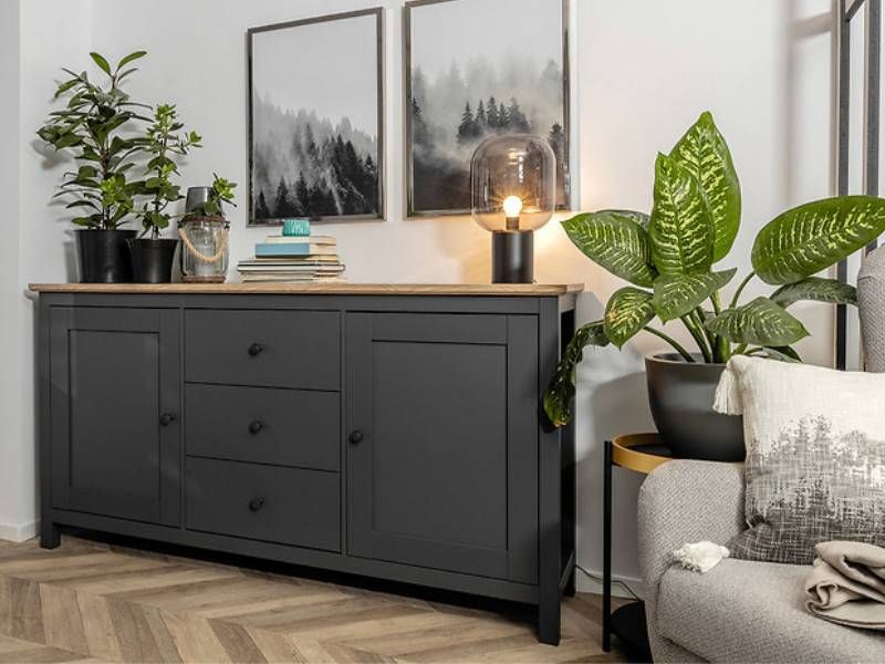 Elegantná komoda 3 zásuvky, 2x dvierka, grafit, dub artisan