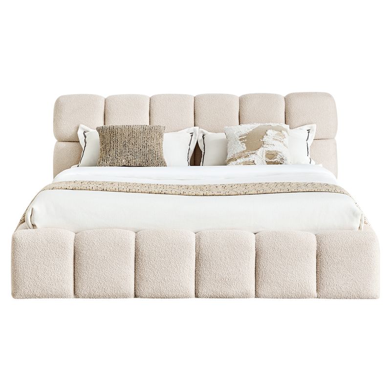 Manželská posteľ 160 s úložným priestorom, roštom a čalúneným čelom, béžová Bouclé látka