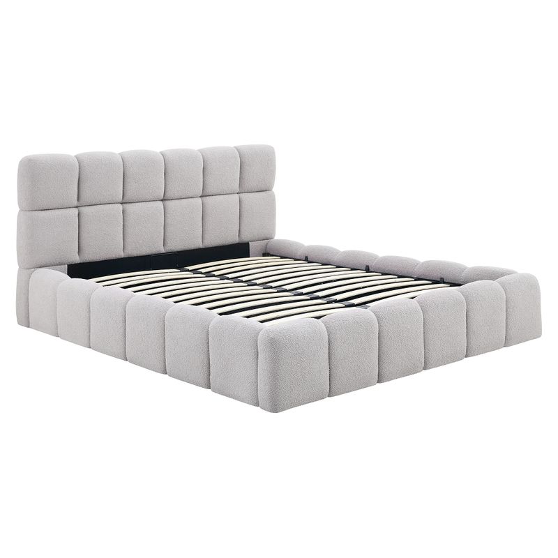 Manželská posteľ 160 s úložným priestorom, roštom a čalúneným čelom, sivá Bouclé látka