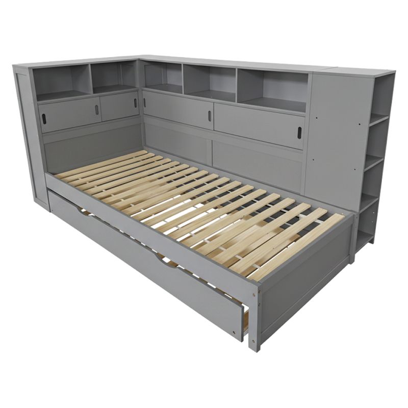 Posteľ 90x200 s prístelkou, regálom a úložným priestorom, sivá