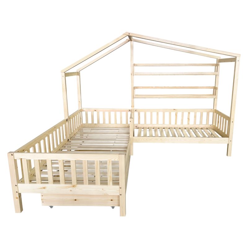 Montessori posteľ pre 2 deti 90x200 + 70x140 s roštom, prírodná