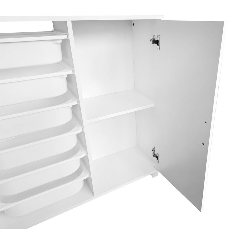 Regál so skrinkou a úložnými boxmi, biely