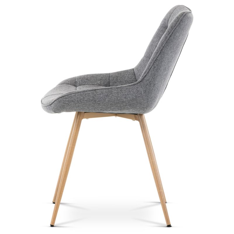 Jedálenská stolička, poťah šedá látka, kovové nohy, 3D dekor dub