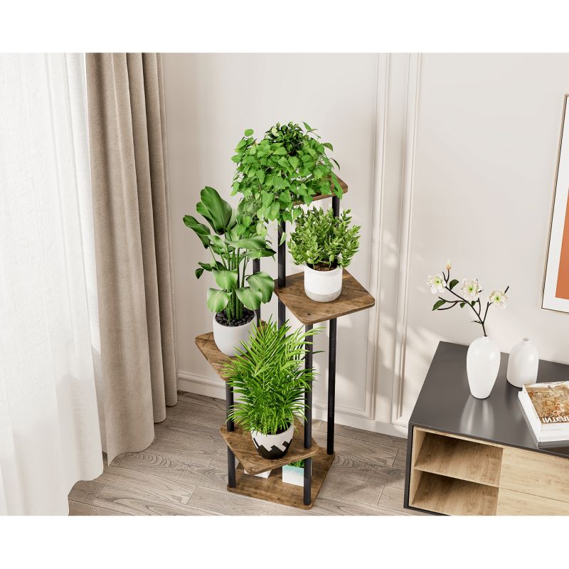 Viacúčelový a praktický kovový stojan na kvety, čierna/rustikálne drevo