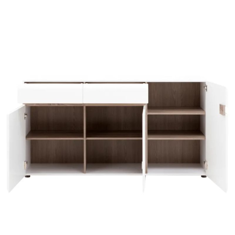 Komoda 3-dverová s dvomi zásuvkami, dub sonoma tmavý -biela vysoký lesk