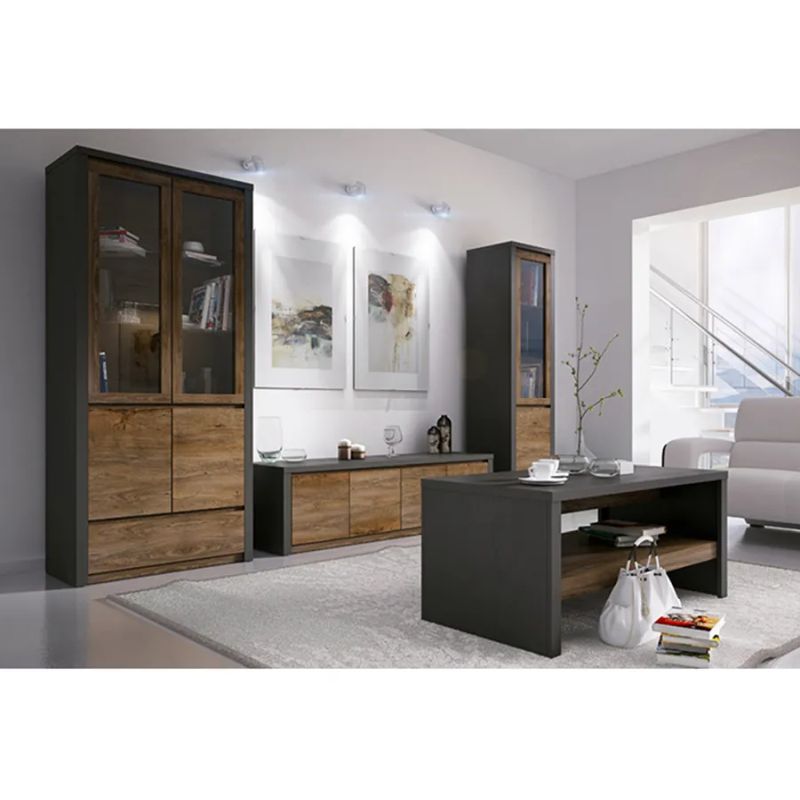 Komoda K2DP, s dvoma dvierkami a 3x zásuvka, dub lefkas-sivá