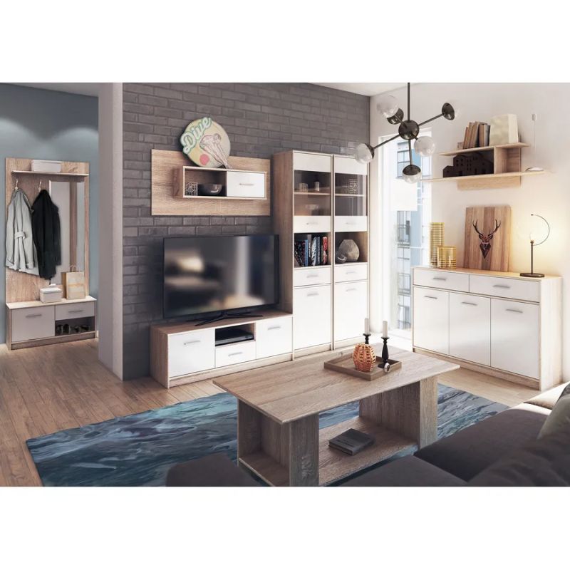 Moderná študentská komoda 2x zásuvka a 3x dvierka, biela-dub sonoma