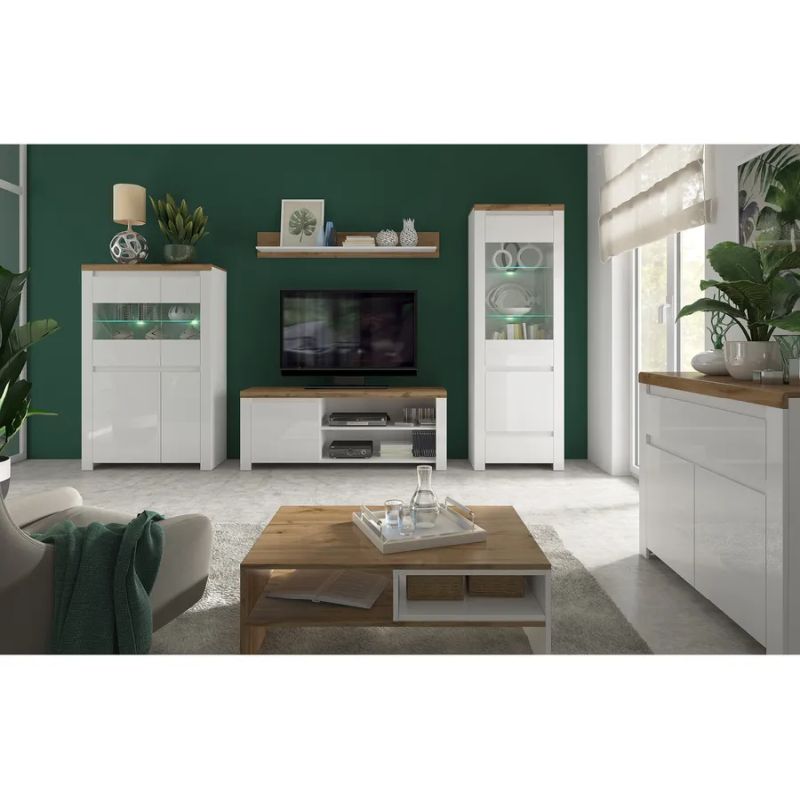 Komoda v modernom štýle, 1 zásuvka, 1 skrinka, biely lesk-dub wotan