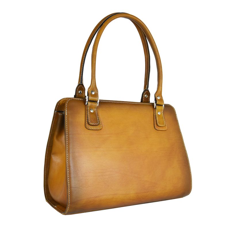 Módna kožená kabelka 8614 ručne tamponovaná a tieňovaná v tmavo žltej farbe