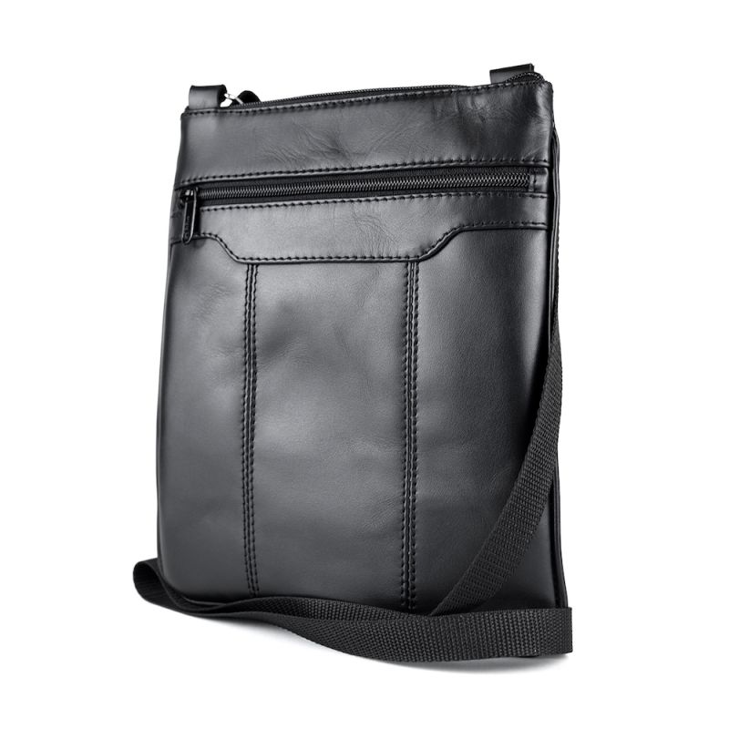 Crossbody kožená taška s dekoračným prešívaním v čiernej farbe