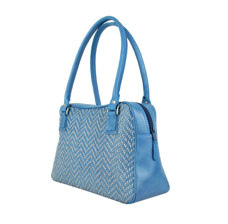 Ručne vyšívaná kabelka z pravej kože v modrej farbe - šedé vyšívanie