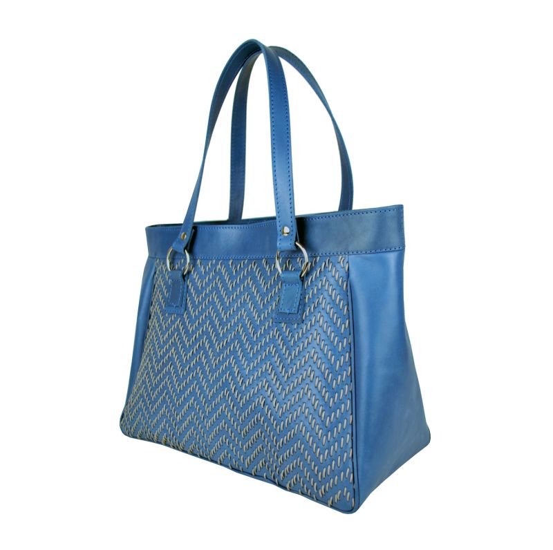 Ručne vyšívaná modrá kabelka z pravej kože - šedé vyšívanie