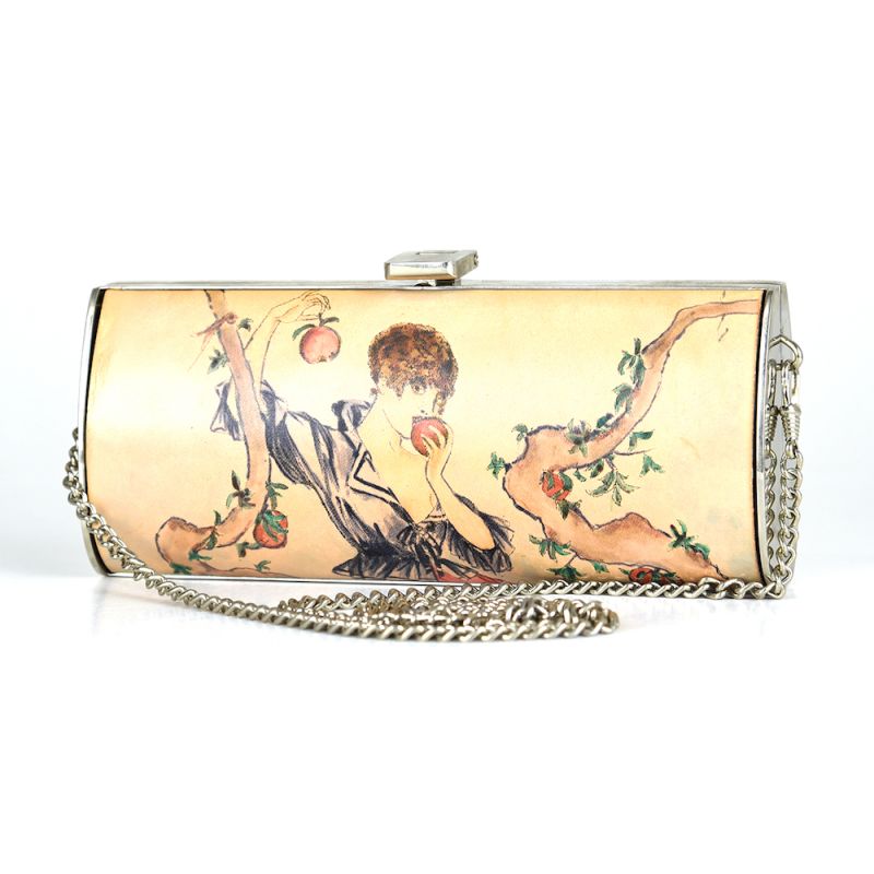 Ručne maľovaná spoločenská kabelka s motívom Dievča s jablkom
