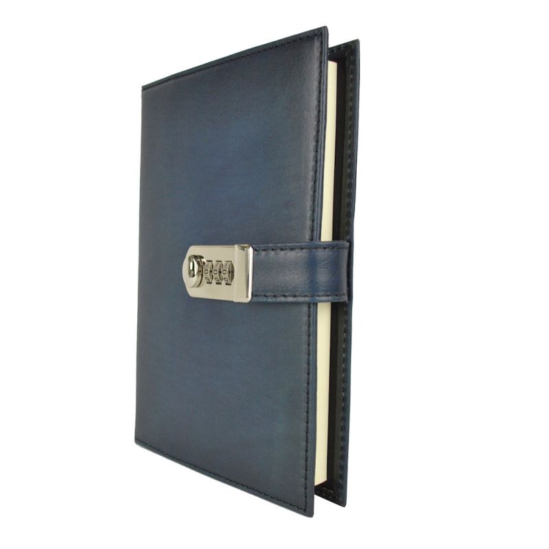 Kožený zápisník XXL s číselným zámkom v tmavo modrej farbe, ručne tieňovaný