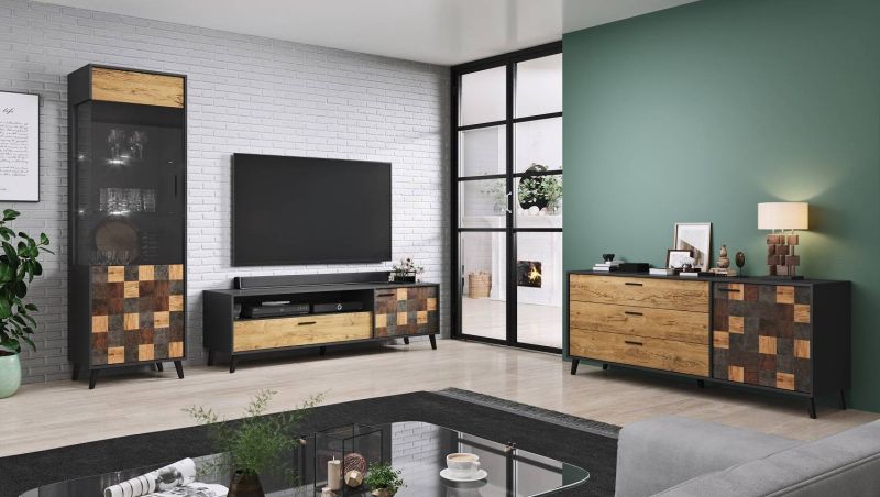 Moderná komoda s tromi zásuvkami a jednými dvierkami, antracyt/alpinechce dunkel/aquare dance dark