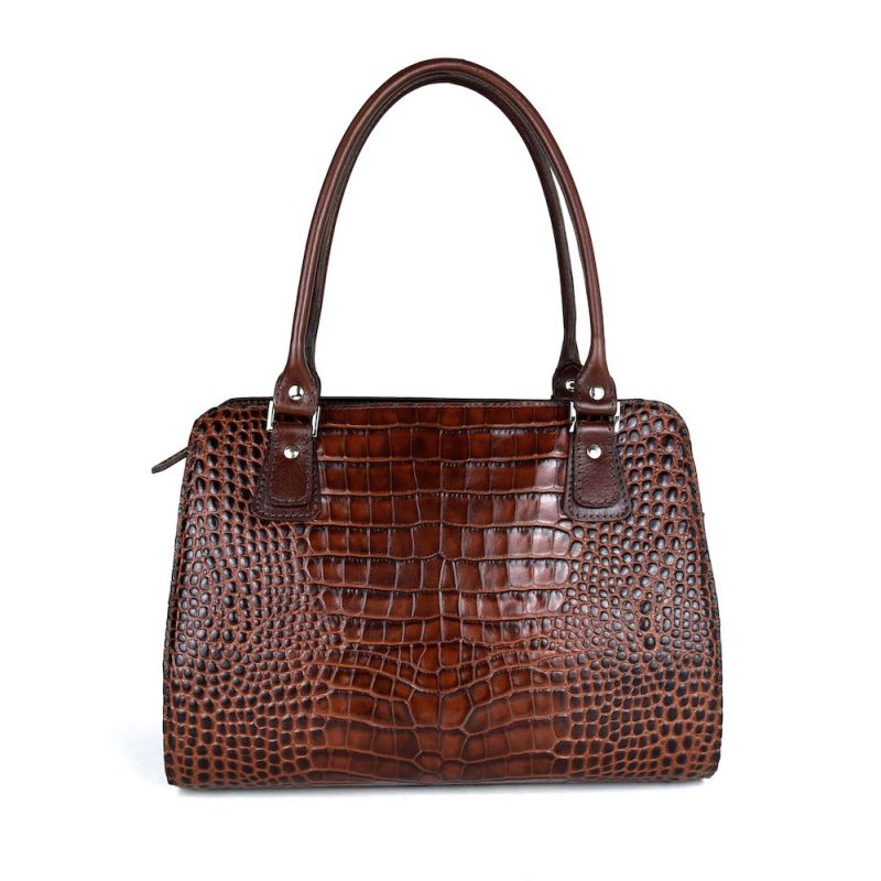 Kabelka z pravej hovädzej kože s dezénom krokodíla v hnedej farbe