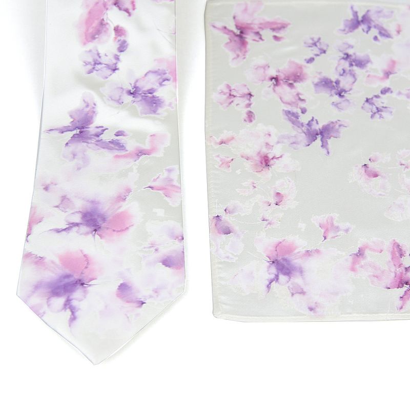 Hodvábna kravata + vreckovka - Fialové kvetiny 100% hodváb