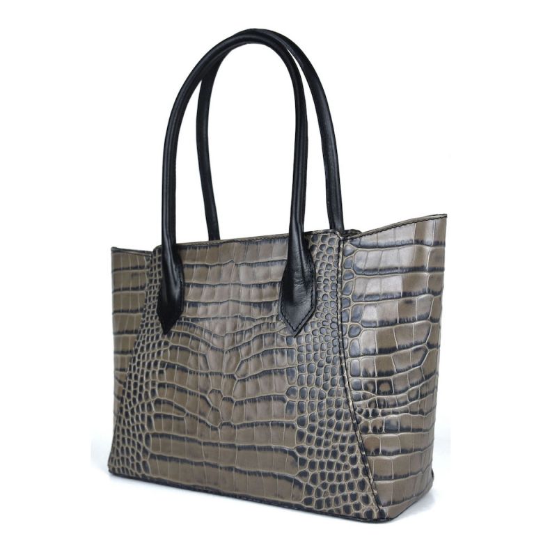 Dámska kabelka z pravej hovädzej kože s dezénom krokodíla v šedej farbe