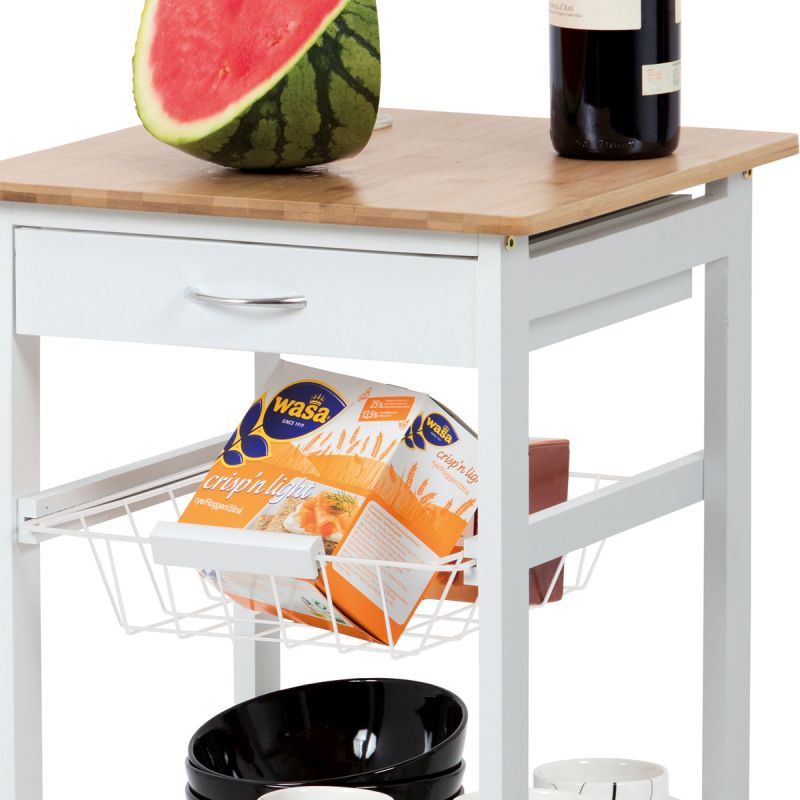 Bambusový regál na kolieskach lakovaný matnou bielou farbou