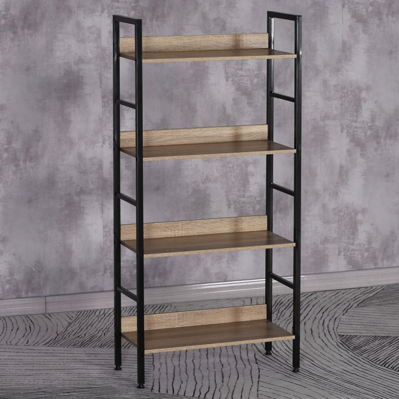 Regál kovový s MDF, 4 police, dekor dub-čierny lak