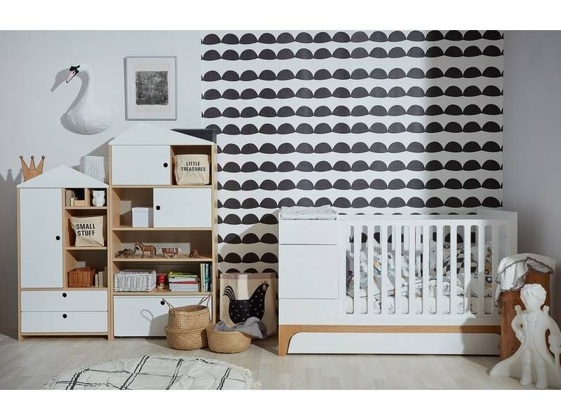 Regál v tvare domčeka s policami a skrinkami, biela-dub