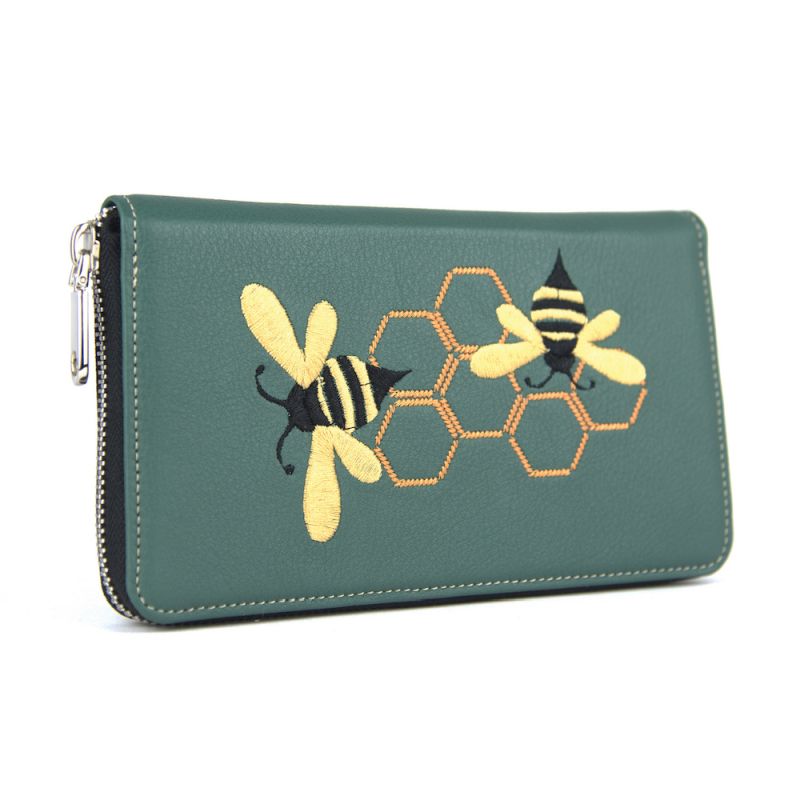 Módna dámska vyšívaná kožená peňaženka č.8606 s motívom Včeličiek, zelená farba