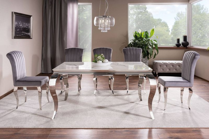 Moderný stôl do jedálne, doska z tvrdeného skla 180 ,biela calacatta-chróm
