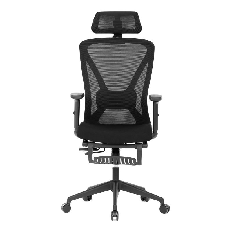 Pohodlná stolička do kancelárie, čalúnená čiernou MESH s výsuvnou opierkou nôh