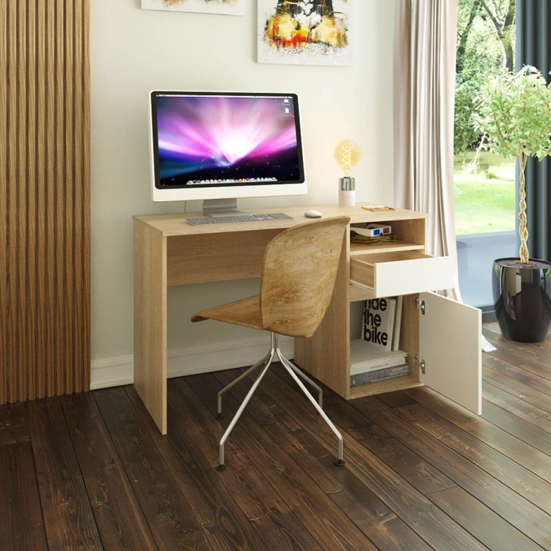 Štýlový PC stôl, dub sonoma-biela