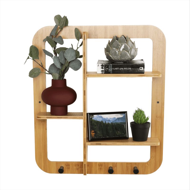 Polica štvorcová s háčikmi, prírodný bambus