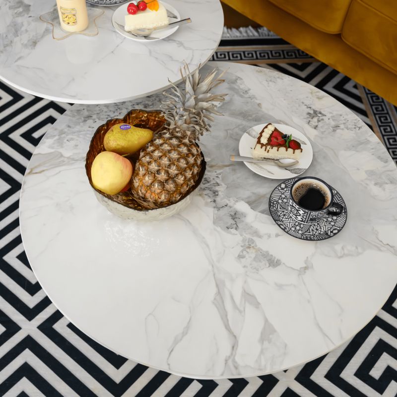 Konferenčné stolíky, set 2 okrúhlych, biely mramor-biela-zlatá