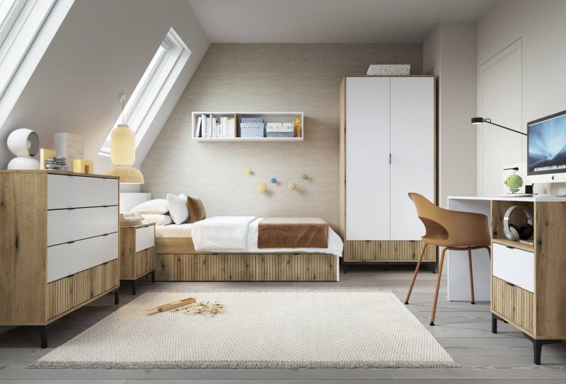 Moderný nočný stolík, 2 zásuvky, dub coast evoke/biely alpská